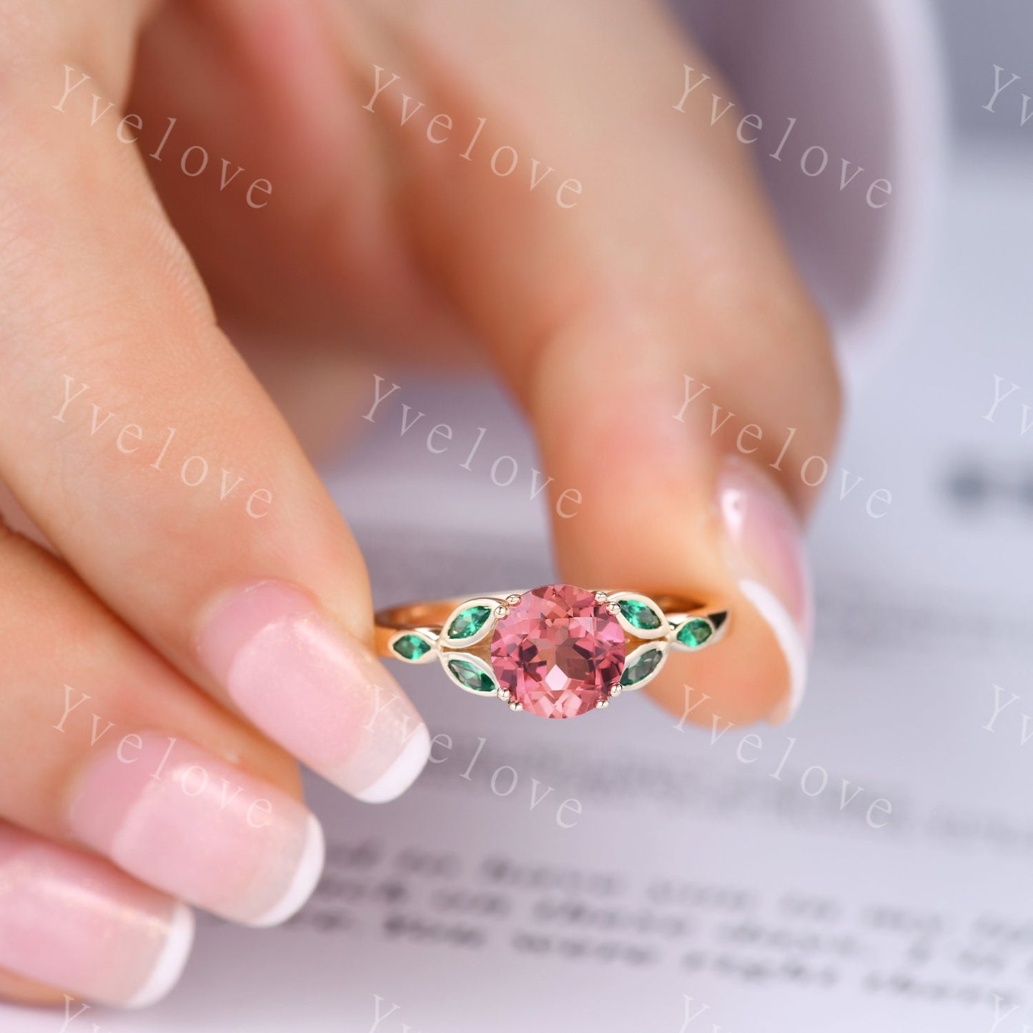 7mm round shaped Padparadscha sapphire engagement ring,Unique sapphire emerald ring,Marquise emerald,gold ring,Promise ring,Anniversary gift