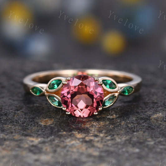 7mm round shaped Padparadscha sapphire engagement ring,Unique sapphire emerald ring,Marquise emerald,gold ring,Promise ring,Anniversary gift
