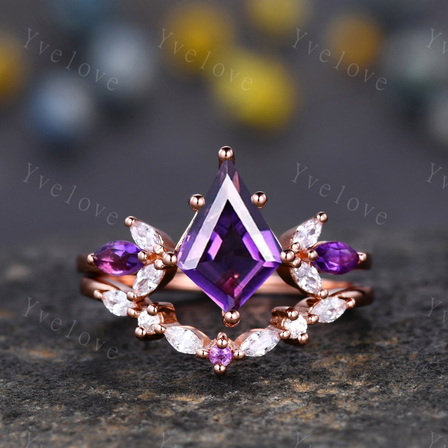 Vintage Kite Cut Moss Agate Engagement Ring Rose Gold Women Unique Moissanite Amethyst Gem Matching Band Promise Bridal Stacking Ring Set