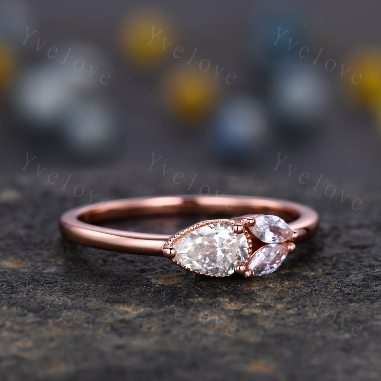 Minimalist Pear Moissante Wedding Ring,Art Deco Moissanite Stacking Band,Milgrain,Rose gold,3 Stone Unique Women Bridal Cluster Ring Gift