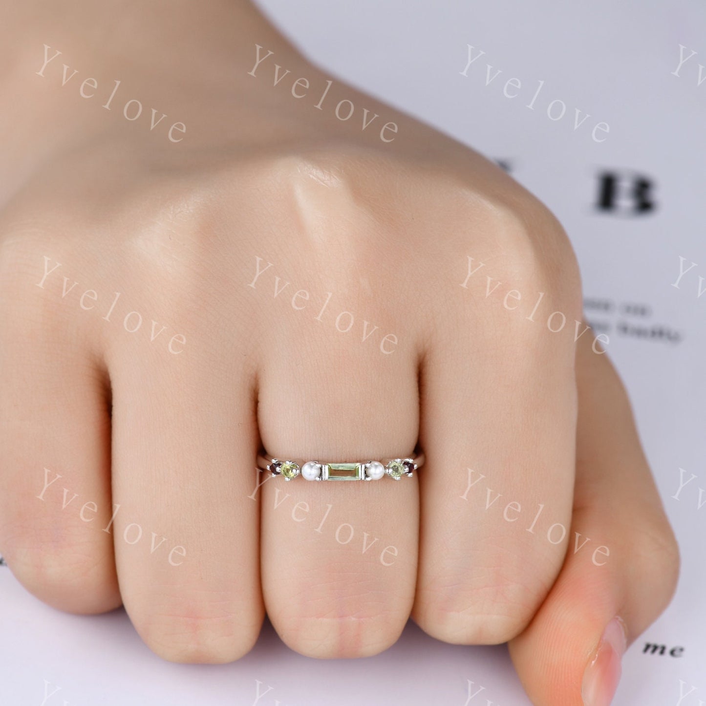 Minimalist Baguette shaped peridot band dainty pearl red garnet wedding band women stackable matching ring 925 silver personalized ring gift