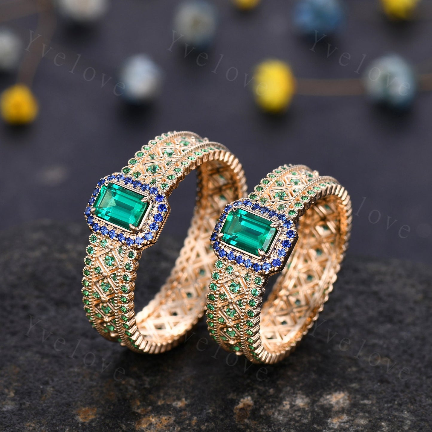 0.7ct Natural Emerald Engagement Ring Sapphire Wedding Band Emerald Gemstone Bridal Ring 14k Gold Men's Statement Ring Anniversary Ring Gift