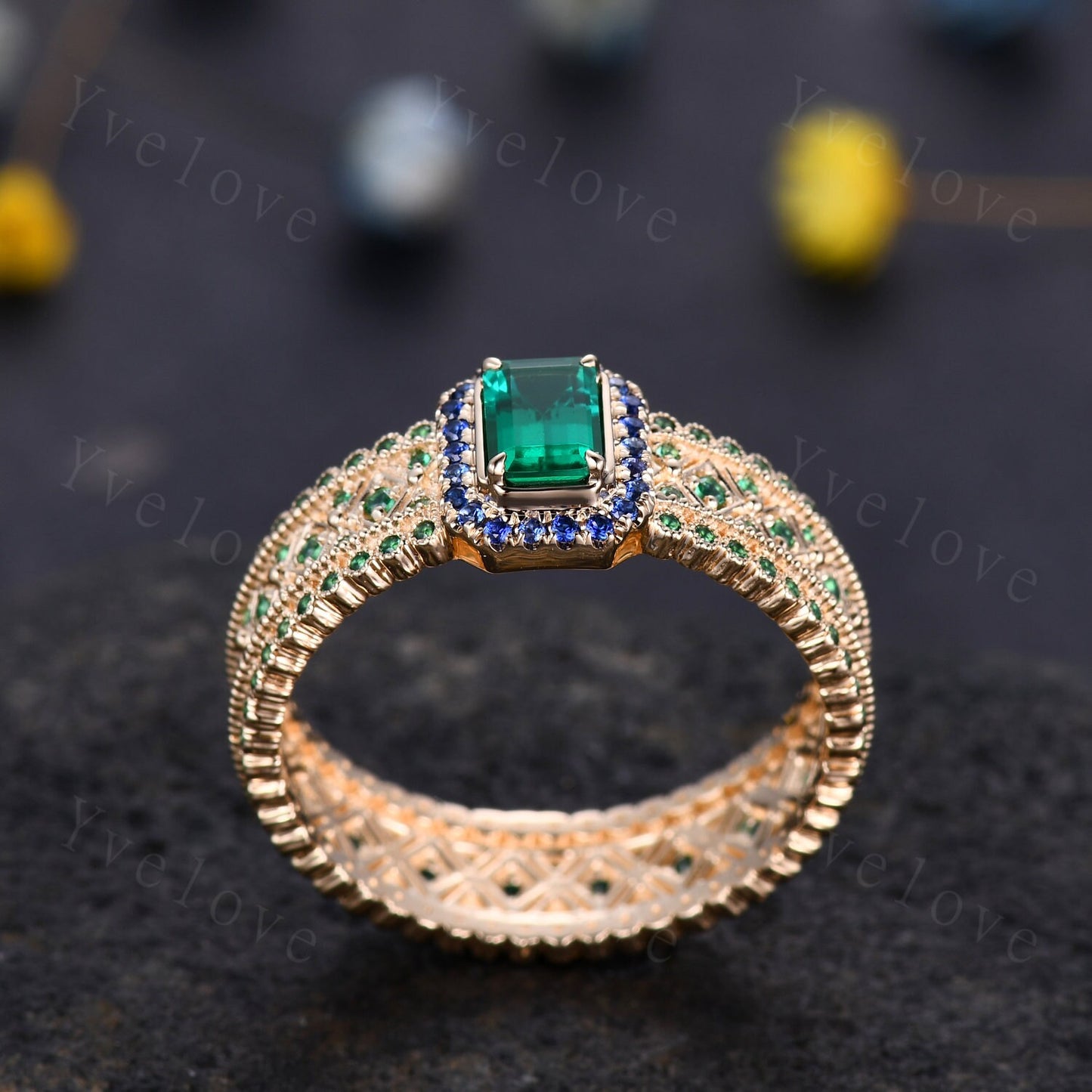 0.7ct Natural Emerald Engagement Ring Sapphire Wedding Band Emerald Gemstone Bridal Ring 14k Gold Men's Statement Ring Anniversary Ring Gift