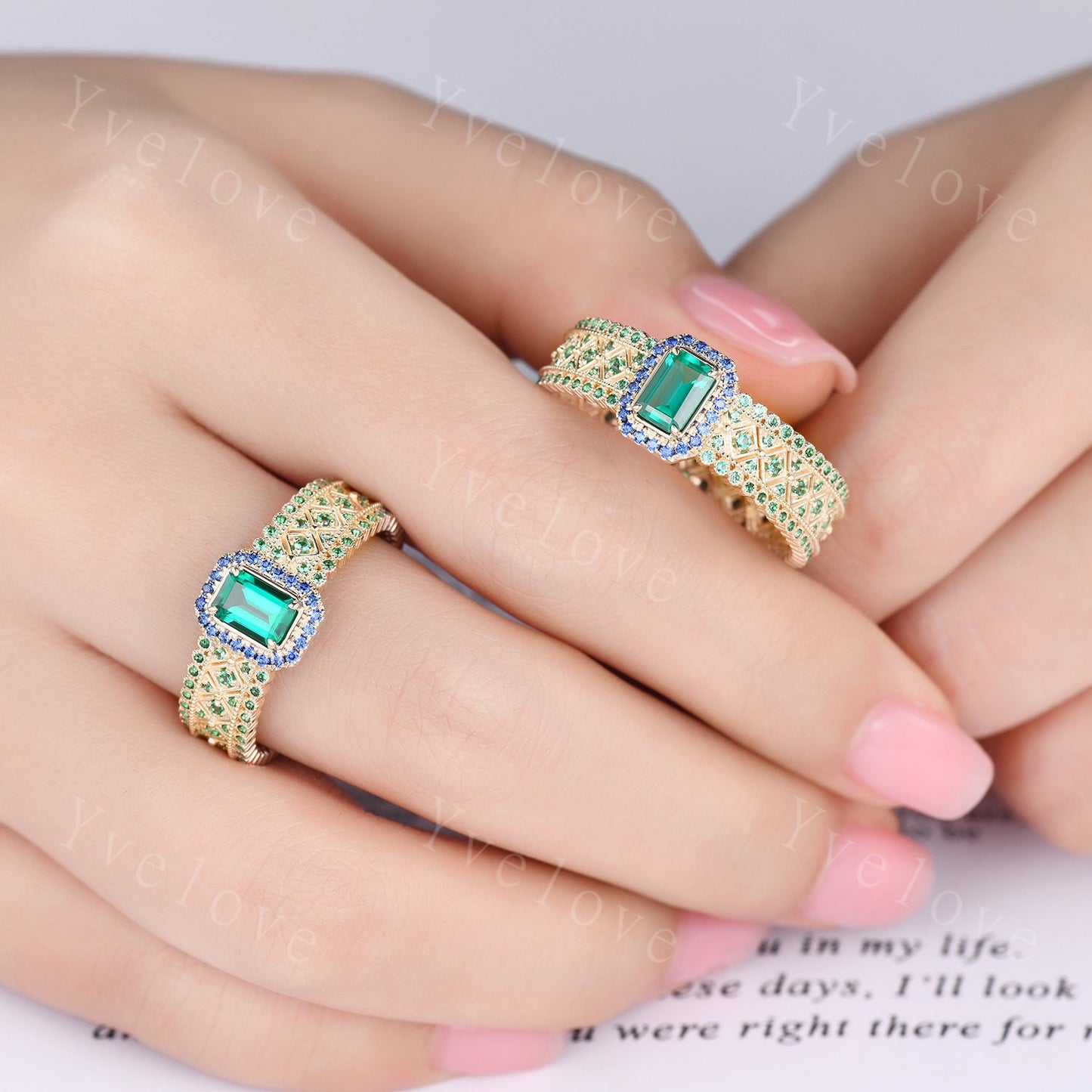 0.7ct Natural Emerald Engagement Ring Sapphire Wedding Band Emerald Gemstone Bridal Ring 14k Gold Men's Statement Ring Anniversary Ring Gift