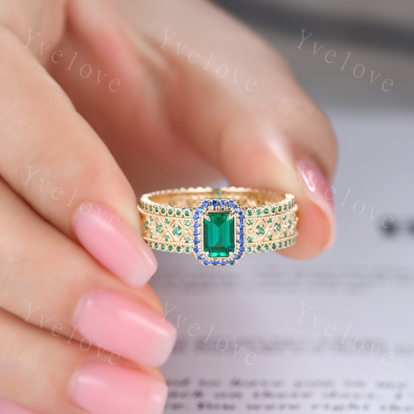 0.7ct Natural Emerald Engagement Ring Sapphire Wedding Band Emerald Gemstone Bridal Ring 14k Gold Men's Statement Ring Anniversary Ring Gift