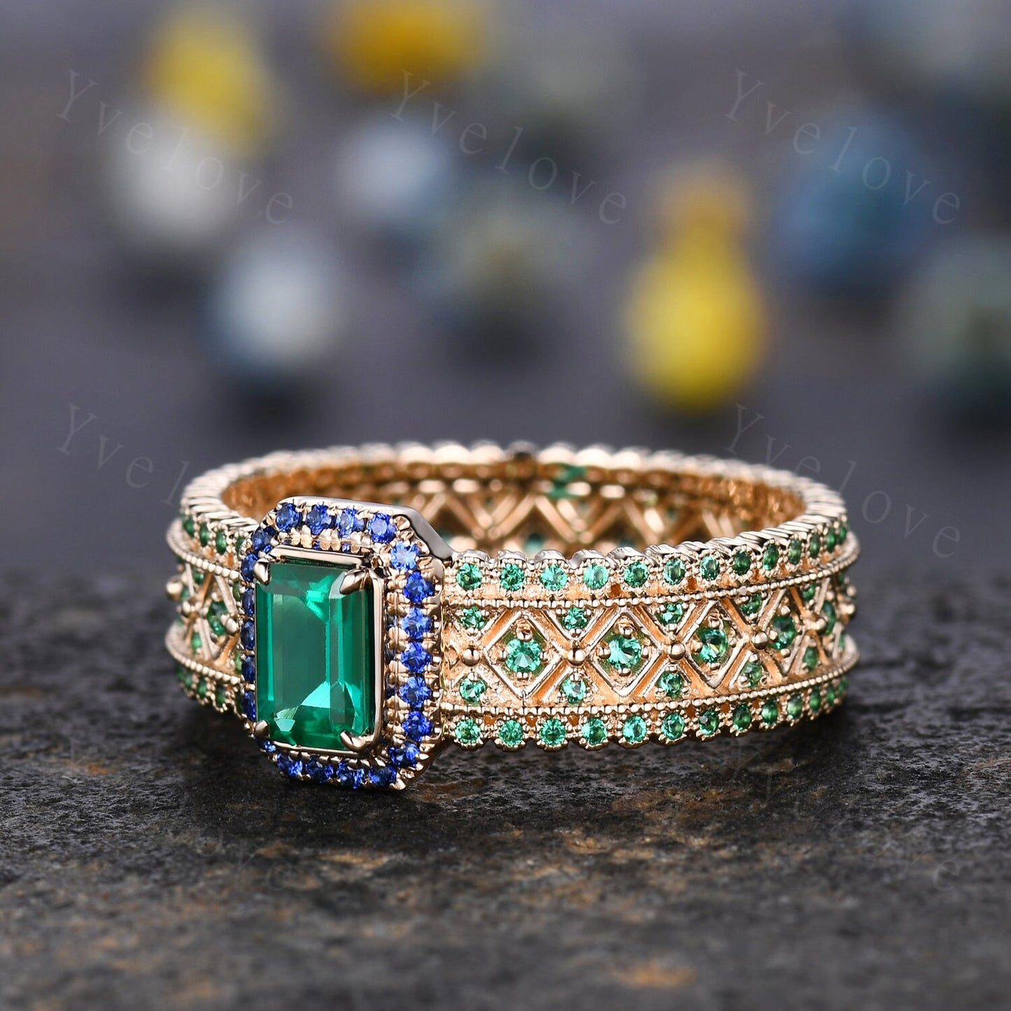 0.7ct Natural Emerald Engagement Ring Sapphire Wedding Band Emerald Gemstone Bridal Ring 14k Gold Men's Statement Ring Anniversary Ring Gift