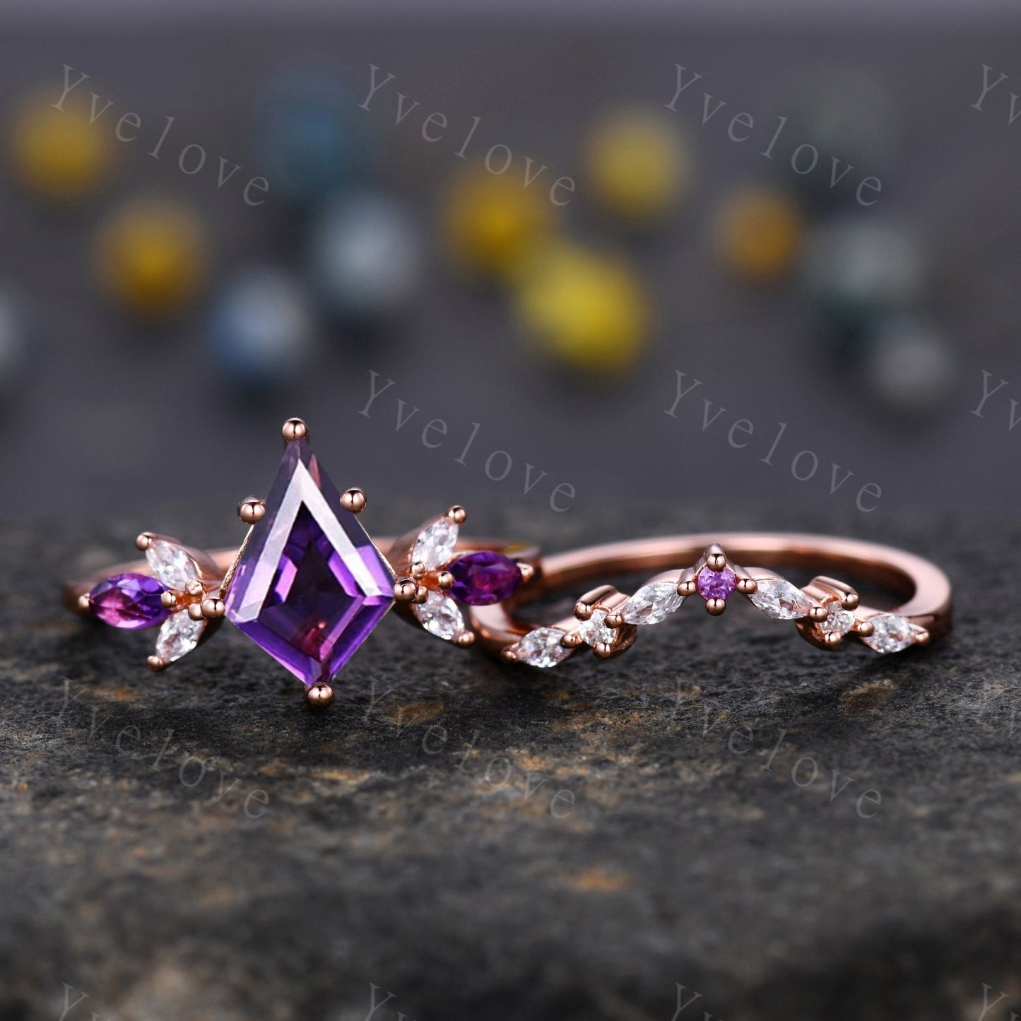 Vintage Kite Shaped Amethyst Engagement Ring Rose Gold Women Unique Moissanite Amethyst Gem Matching Band Promise Bridal Stacking Ring Set