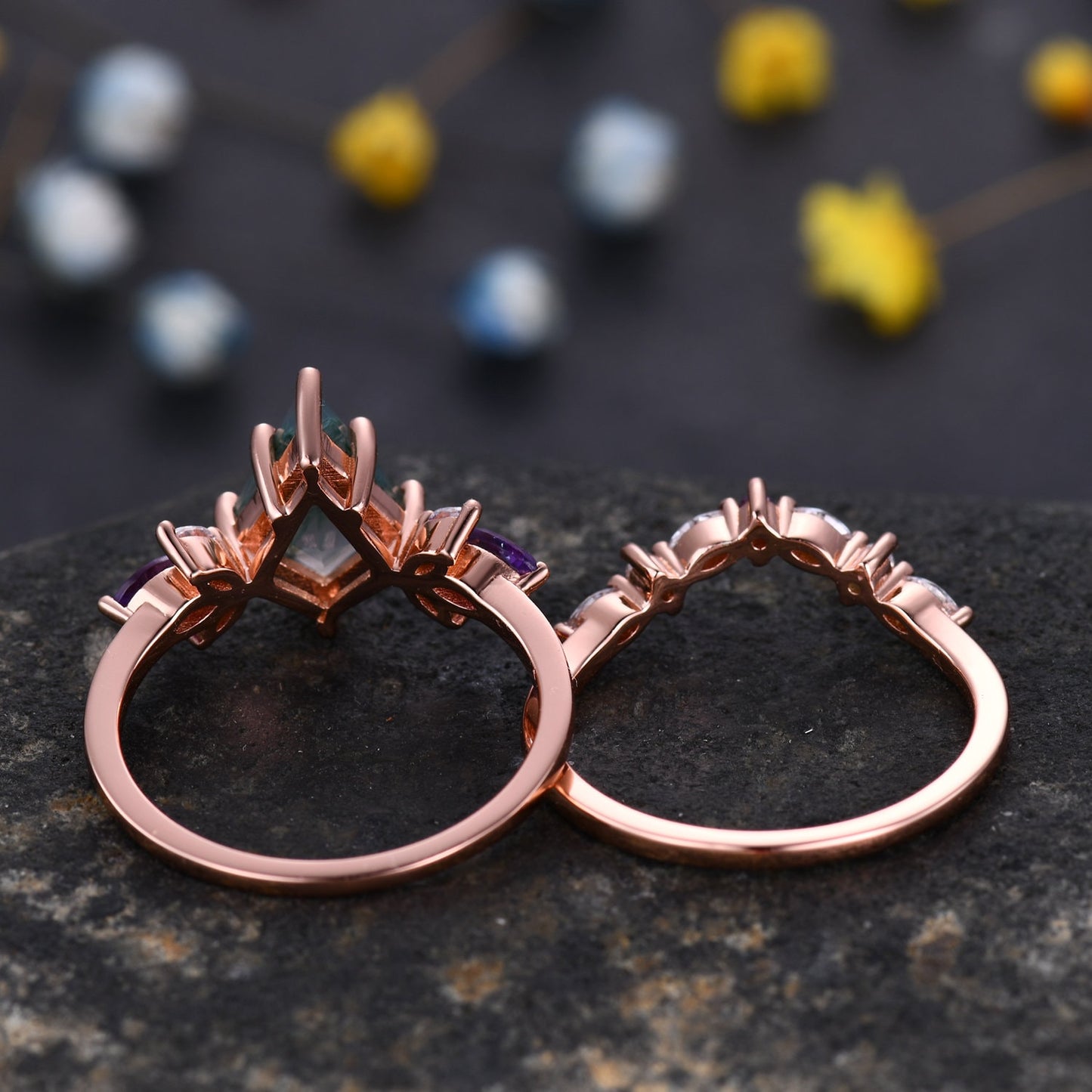 Vintage Kite Shaped Amethyst Engagement Ring Rose Gold Women Unique Moissanite Amethyst Gem Matching Band Promise Bridal Stacking Ring Set