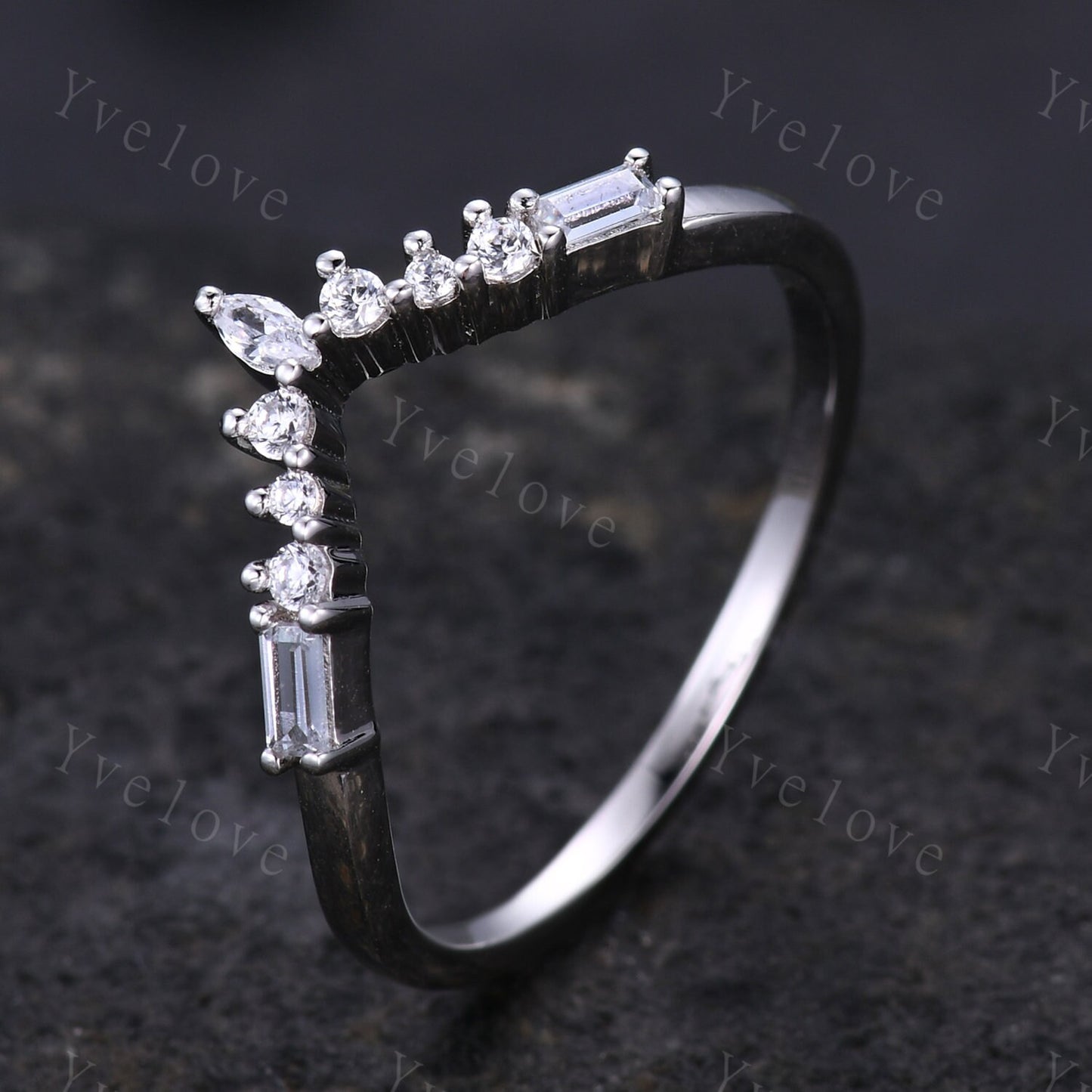 Marquise Moissanite Wedding band,Baguette Aquamarine,Vintage Retro Sterling Silver Ring,Women V Curved Stacking Matching Band Bridal Gift