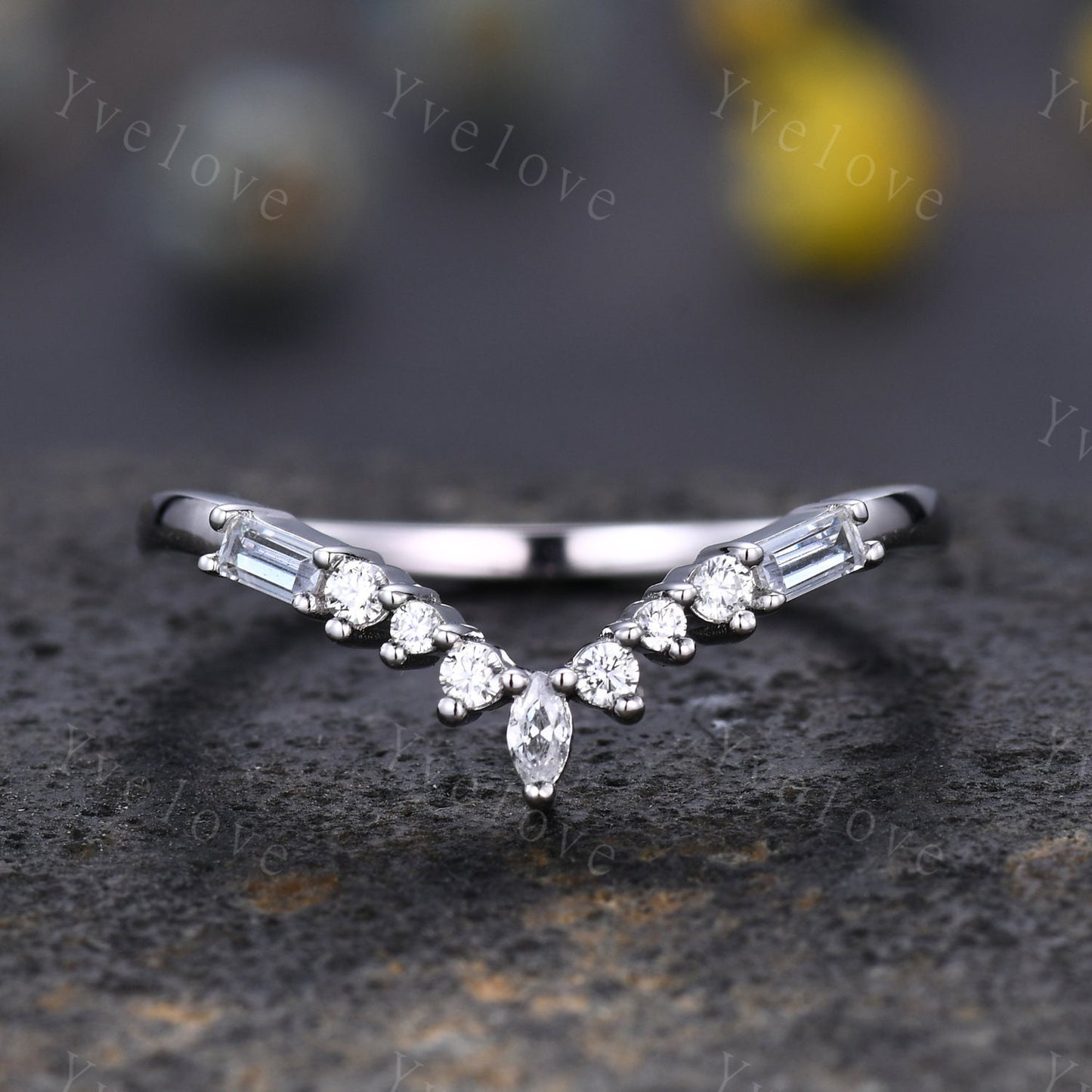 Marquise Moissanite Wedding band,Baguette Aquamarine,Vintage Retro Sterling Silver Ring,Women V Curved Stacking Matching Band Bridal Gift