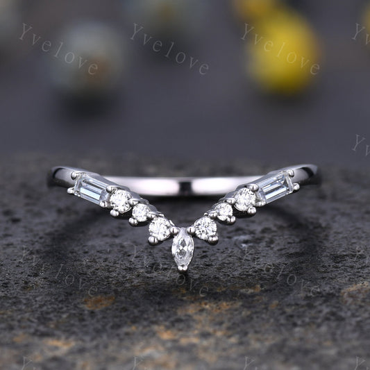 Marquise Moissanite Wedding band,Baguette Aquamarine,Vintage Retro Sterling Silver Ring,Women V Curved Stacking Matching Band Bridal Gift
