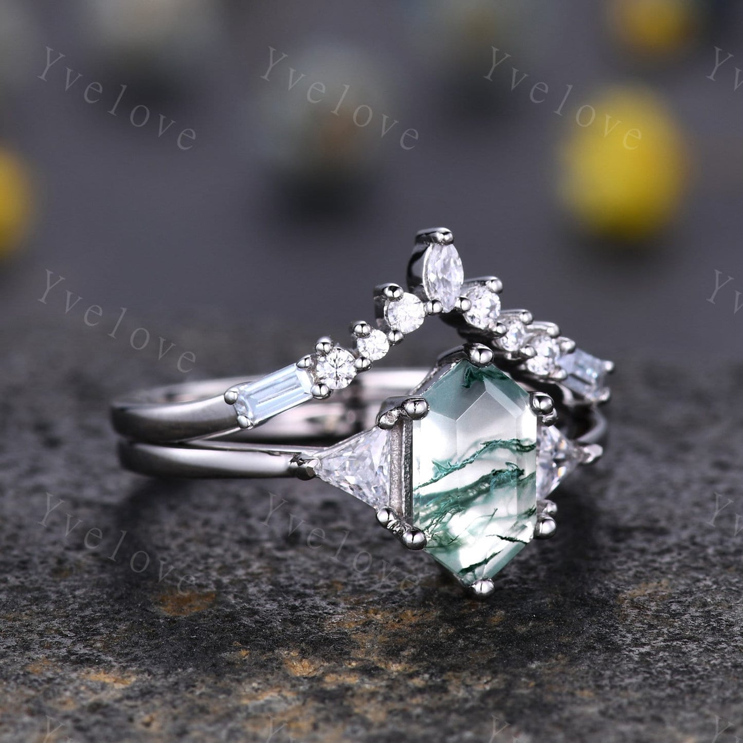 Retro Long hexagon shaped Moss Agate Ring,Vintage Silver Ring Set,Unique Agate Aquamarine Engagement Ring,Promise Ring,Anniversary Ring Gift
