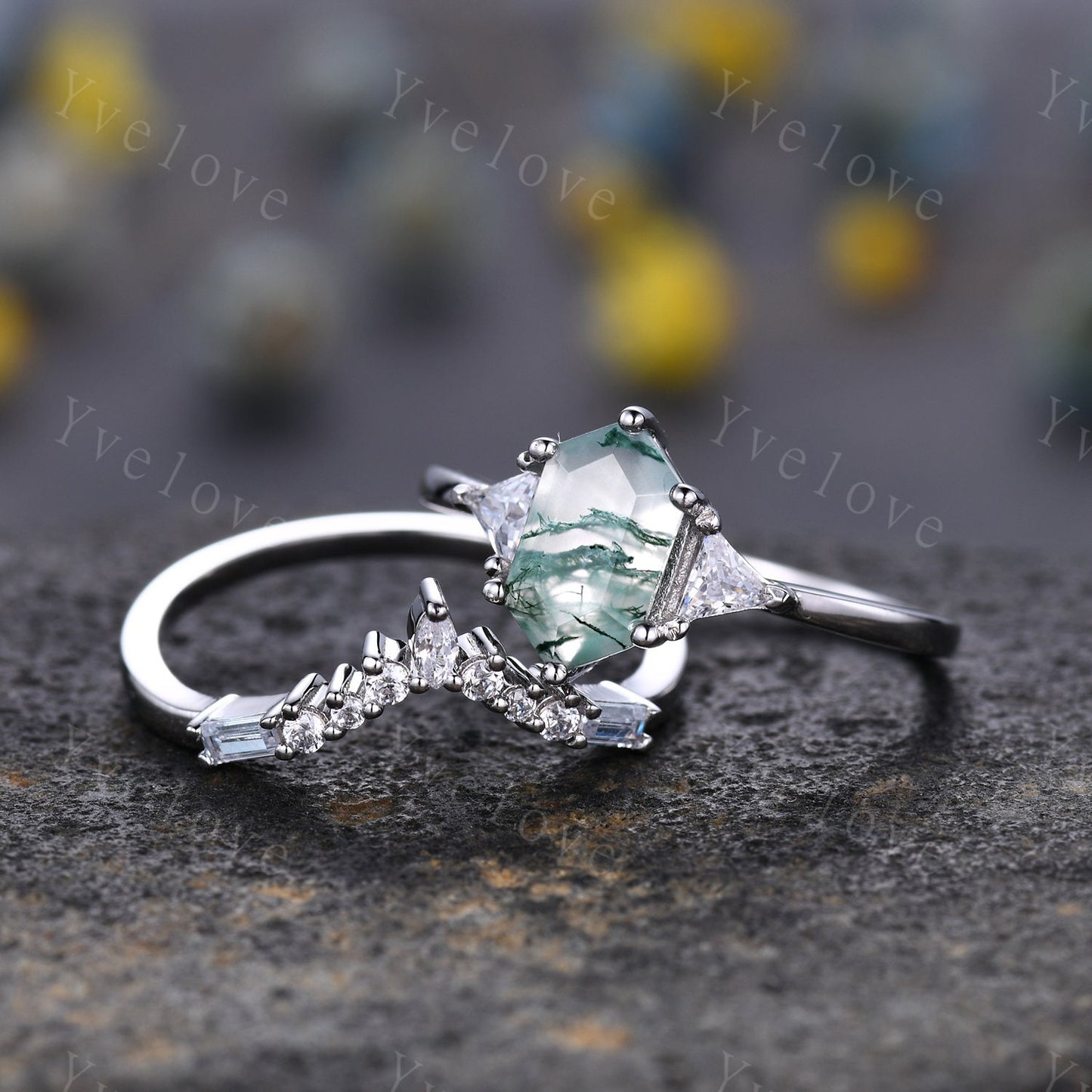 Retro Long hexagon shaped Moss Agate Ring,Vintage Silver Ring Set,Unique Agate Aquamarine Engagement Ring,Promise Ring,Anniversary Ring Gift