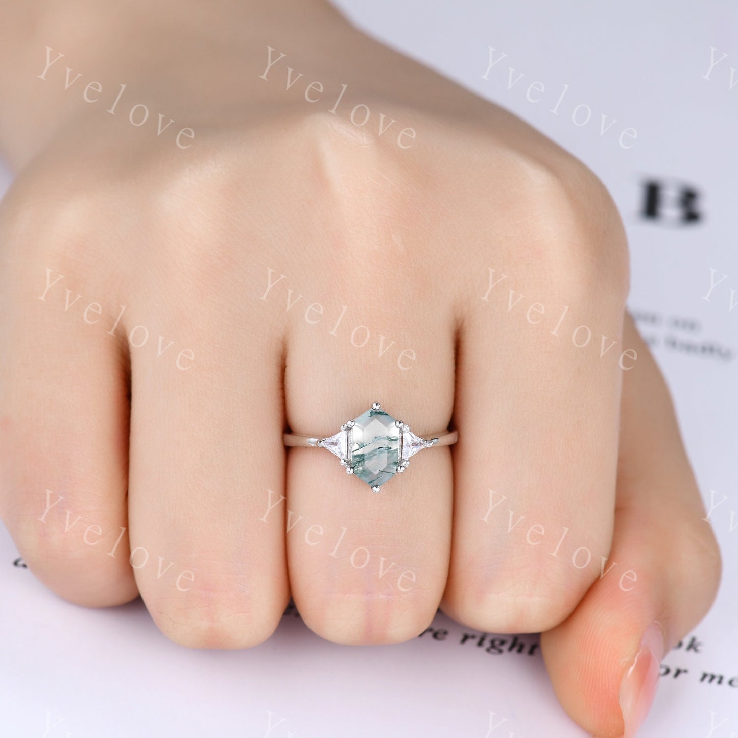 Vintage Long hexagon Cut Moss Agate Ring,Sterling Silver Ring Set,Unique Agate Aquamarine Engagement Ring,Promise Ring,Anniversary Ring Gift