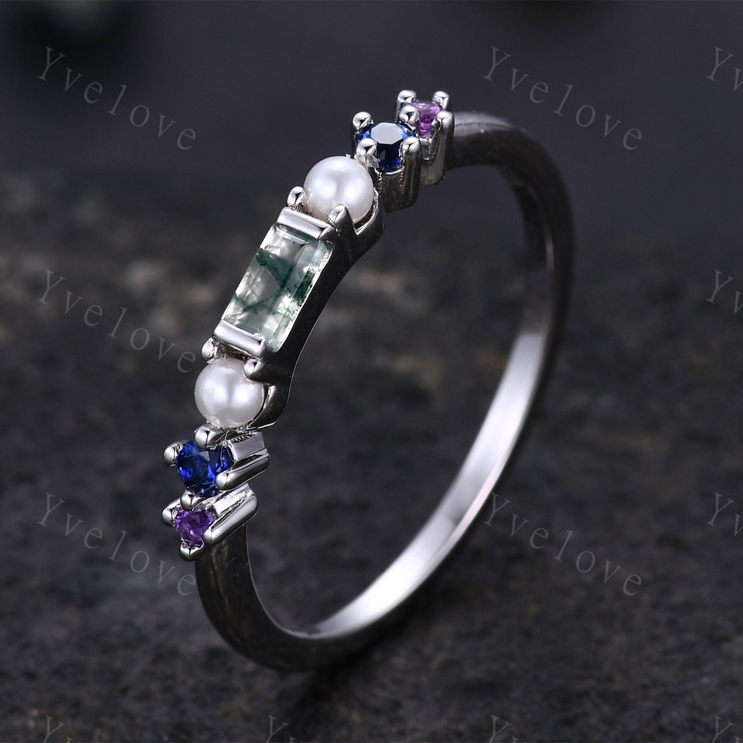 Danity Baguette moss agate ring minimalist ring family gemstone wedding band women stacking matching ring 14kwhite gold ring gift customized