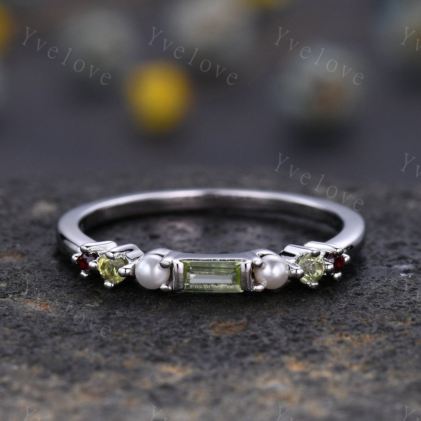 Danity Baguette moss agate ring minimalist ring family gemstone wedding band women stacking matching ring 14kwhite gold ring gift customized