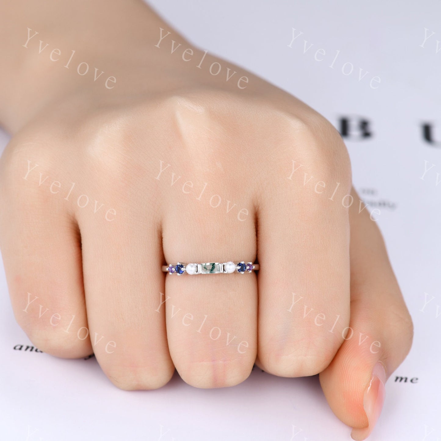 Danity Baguette moss agate ring minimalist ring family gemstone wedding band women stacking matching ring 14kwhite gold ring gift customized