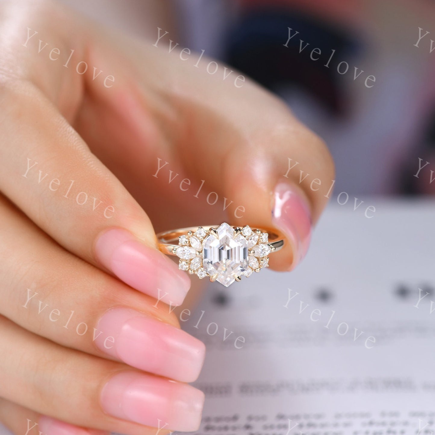 Vintage Hexagon Moissanite engagement ring,Unique Marquise Moissanite Ring,Cluster Ring,Silver Ring,Women Bridal Wedding Gift,Statement Ring