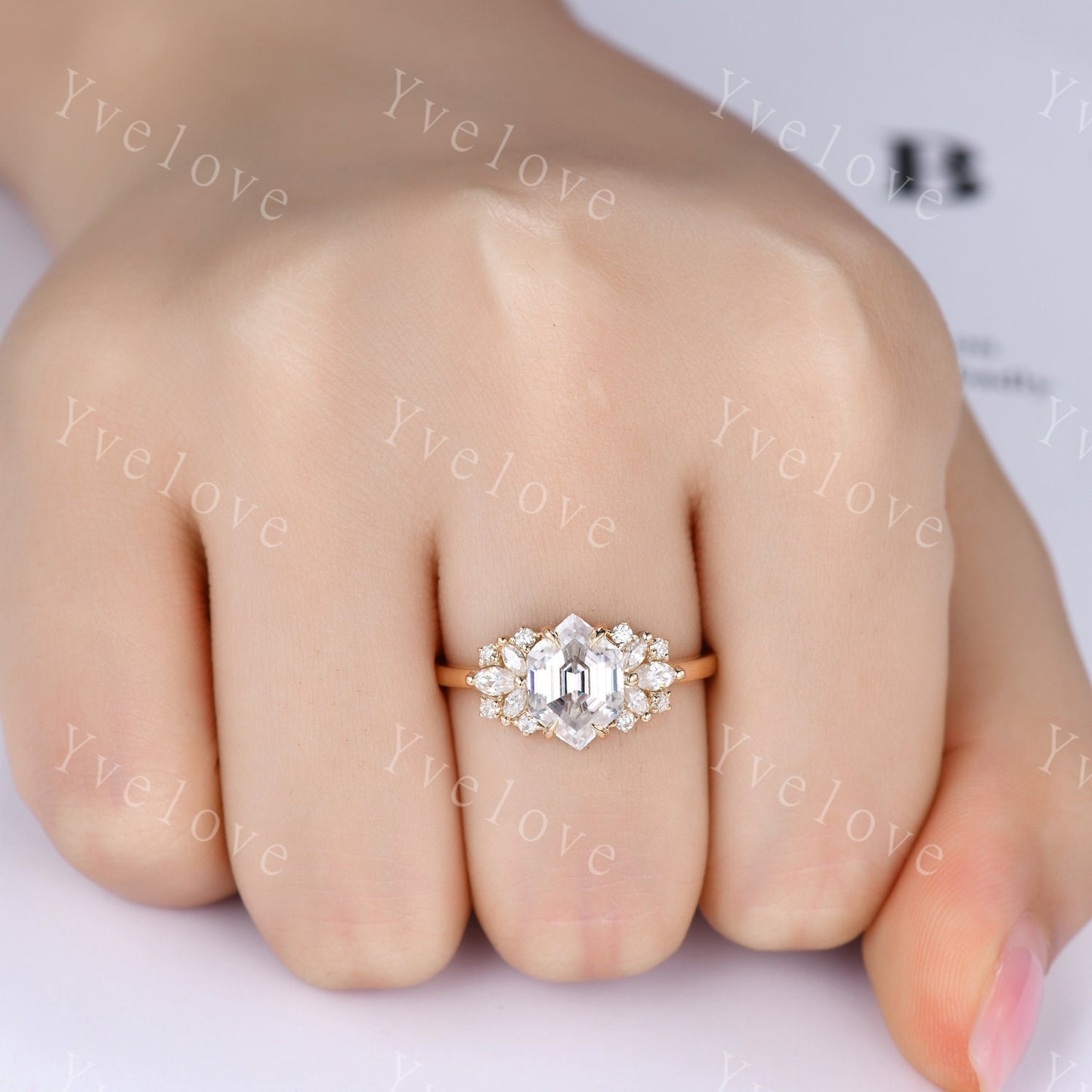 Vintage Hexagon Moissanite engagement ring,Unique Marquise Moissanite Ring,Cluster Ring,Silver Ring,Women Bridal Wedding Gift,Statement Ring