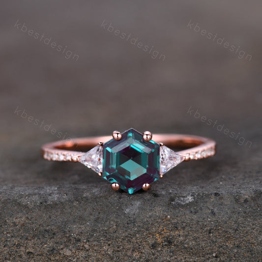 Hexagon cut Alexandrite ring Rose gold ring for women Vintage Alexandrite engagement ring unique three stone moissanite ring Promise gift