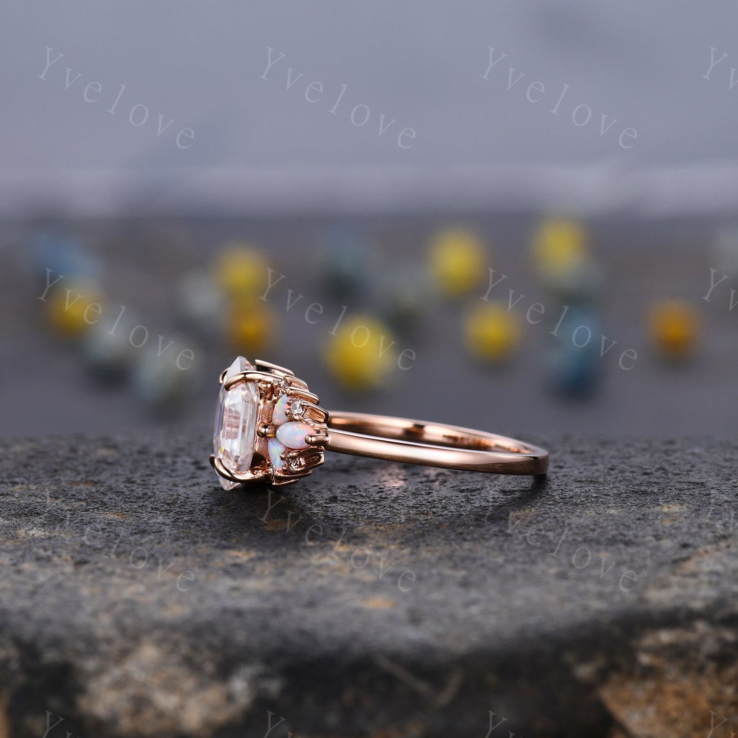 Vintage Hexagon Black Fire Opal engagement ring,Unique Marquise Opal Ring,Cluster Ring,Rose Gold,Women Bridal Wedding Band,Statement Ring
