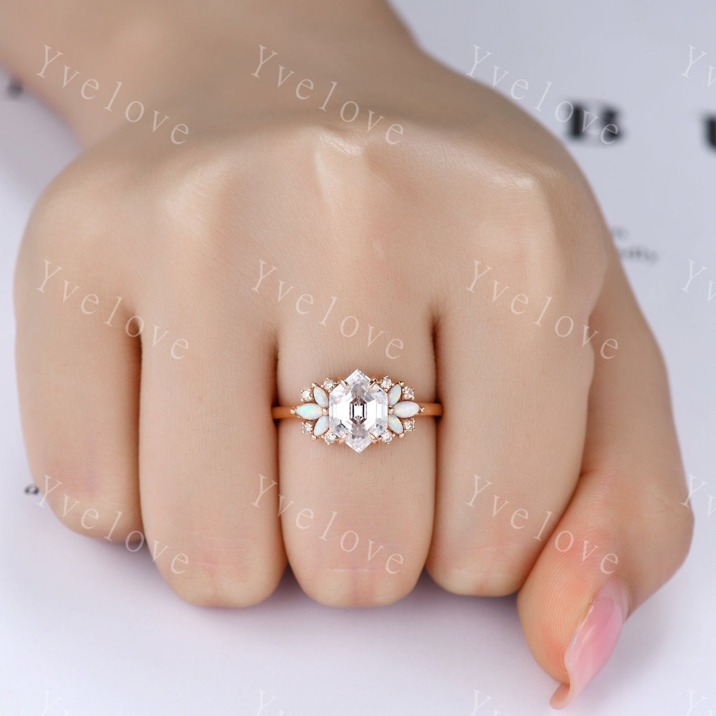 Vintage Hexagon Moissanite Opal engagement ring set,Unique Marquise Opal enhancer band,Rose Gold,Women Bridal Wedding Band,Statement Ring