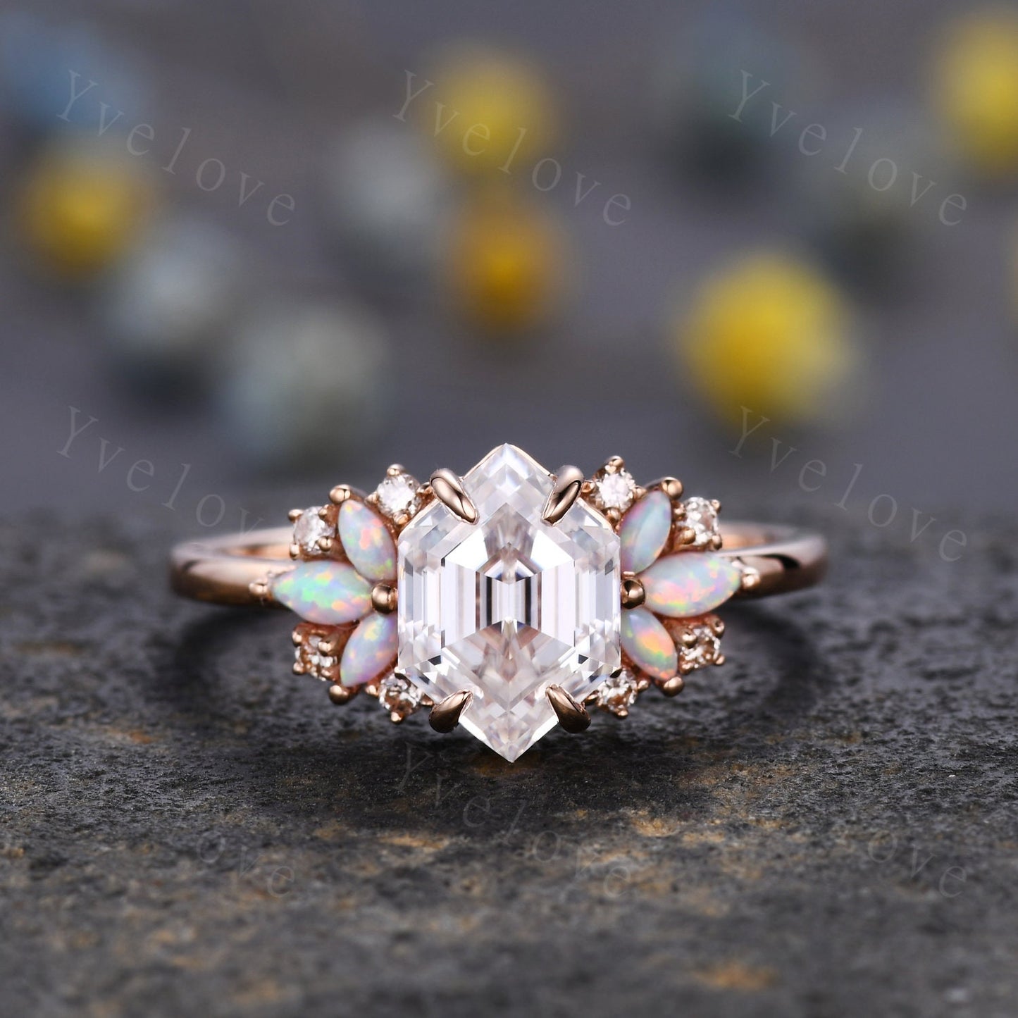 Custom order for Amber, replace the hexagon moissanite to moonstone,  marquise opal and round diamond as the side stones, 14k rose gold.