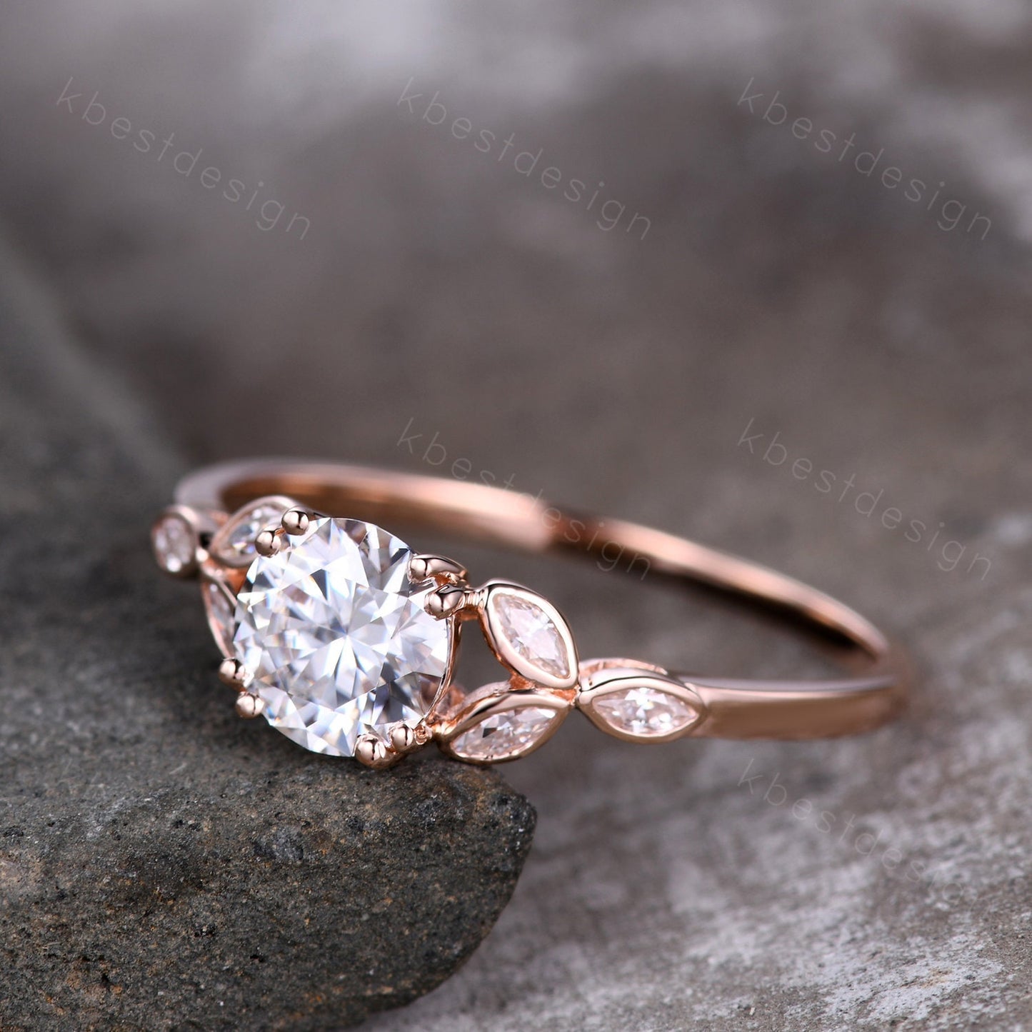 Moissanite engagement ring vintage Unique Marquise cut Moissanite Cluster ring Round cut engagement ring Rose Gold ring Bridal promise ring