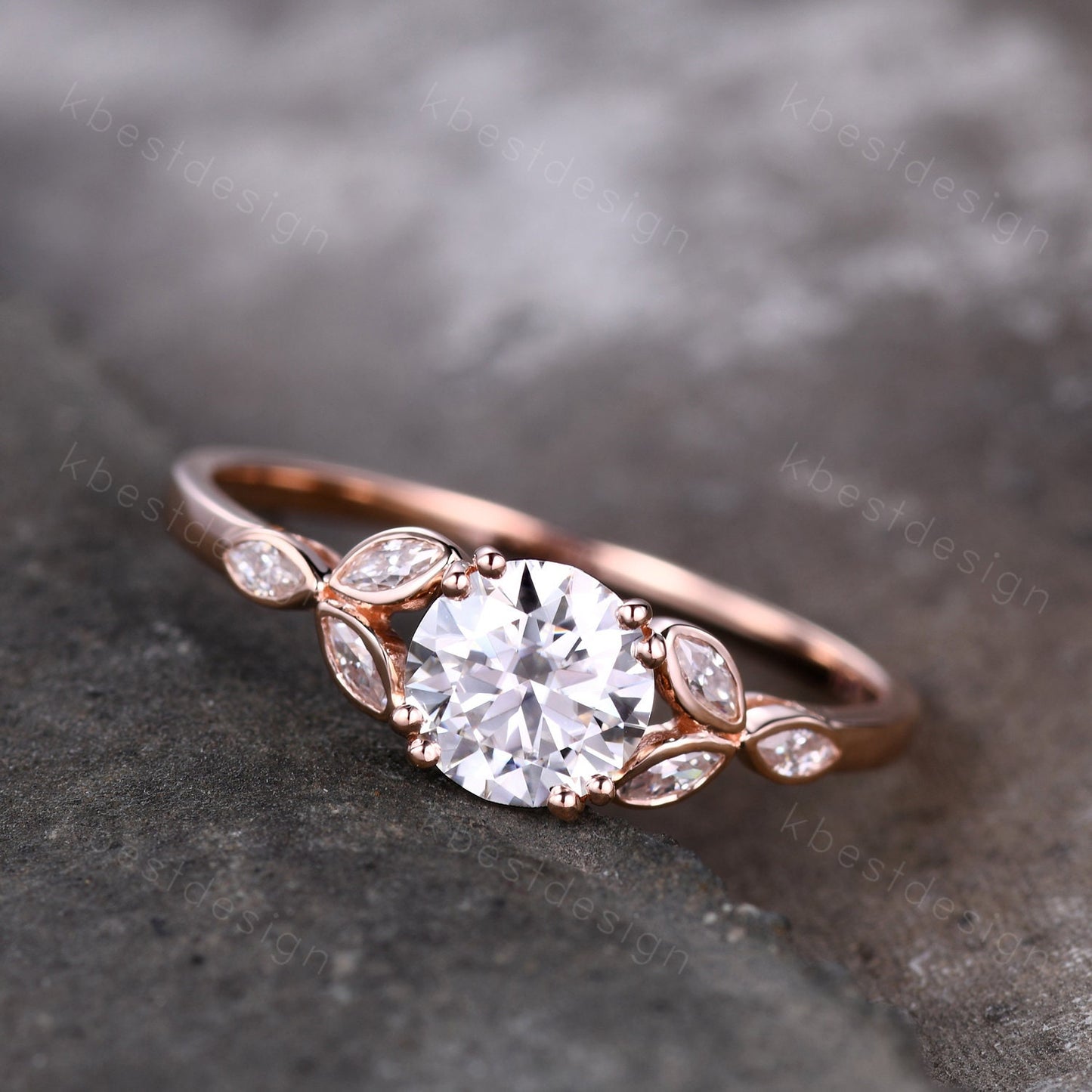 Moissanite engagement ring vintage Unique Marquise cut Moissanite Cluster ring Round cut engagement ring Rose Gold ring Bridal promise ring