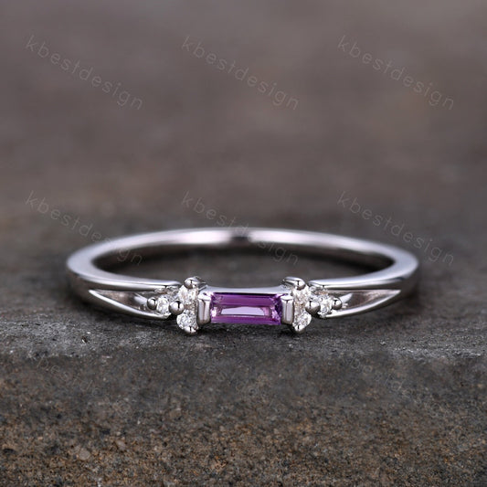 Baguette Amethyst Ring, Purple Amethyst Wedding Ring, Sterling Silver Wedding Band, Dainty Ring, February Birthstone Ring, Anniversary Gift