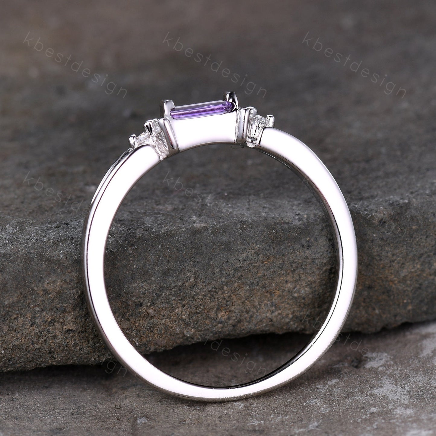 Baguette Amethyst Ring, Purple Amethyst Wedding Ring, Sterling Silver Wedding Band, Dainty Ring, February Birthstone Ring, Anniversary Gift