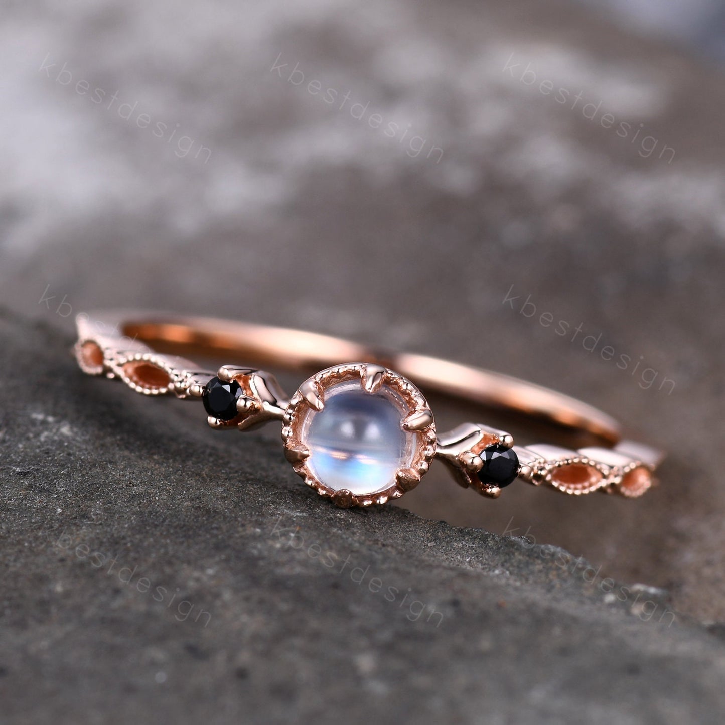 Dainty Rainbow Moonstone Engagement Ring Rose Gold Black Spinel Wedding Ring Art Deco Unique Bridal ring Promise Anniversary ring