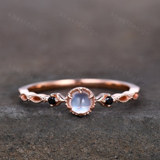 Dainty Rainbow Moonstone Engagement Ring Rose Gold Black Spinel Wedding Ring Art Deco Unique Bridal ring Promise Anniversary ring