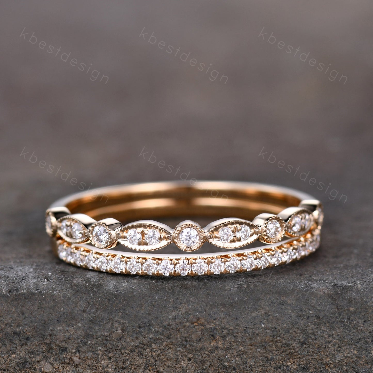 14K Solid Yellow Gold Rings/Moissanite Wedding Ring Set/Art Deco Half Eternity Stacking Matching Bands/Wedding Band for Women/Anniversary