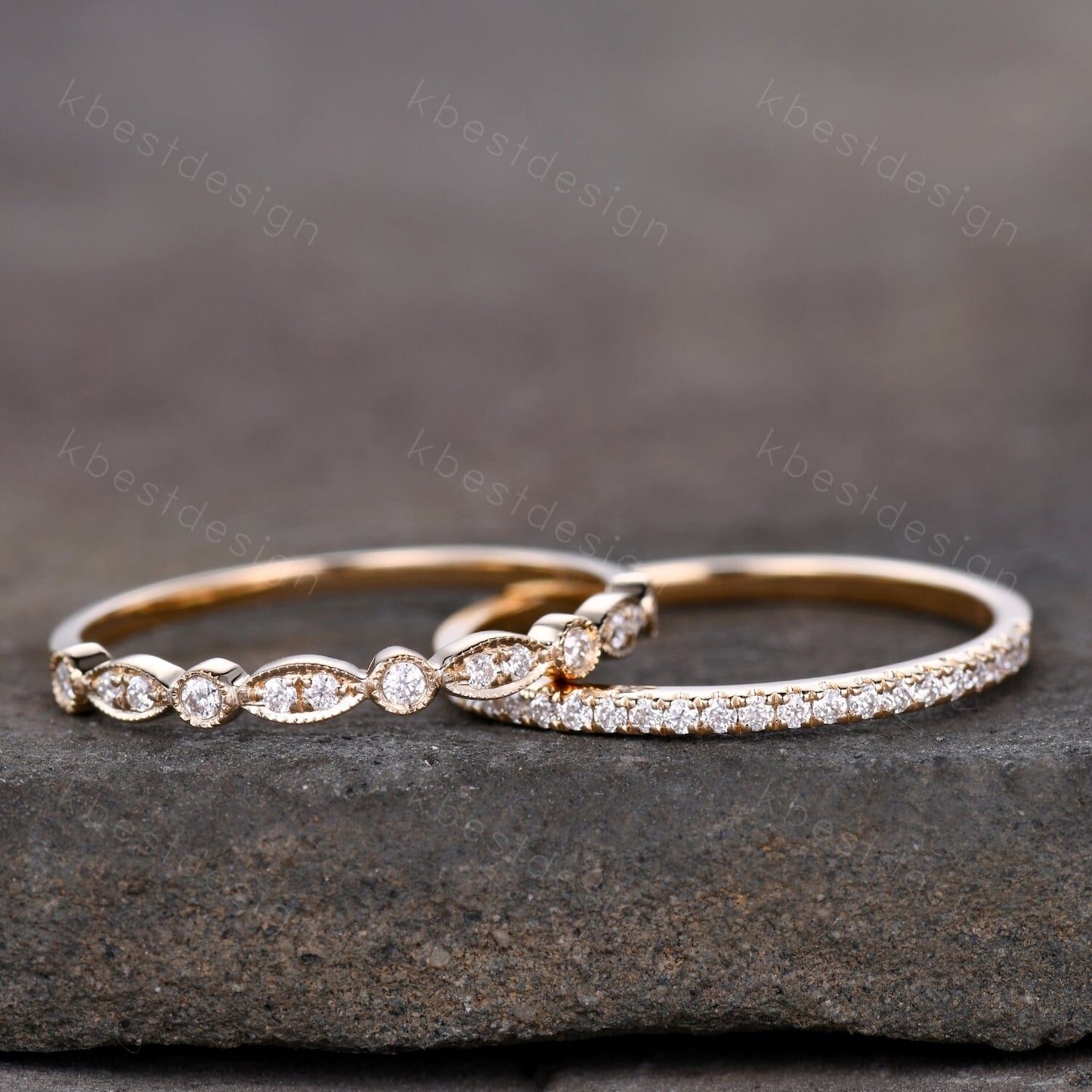 14K Solid Yellow Gold Rings/Moissanite Wedding Ring Set/Art Deco Half Eternity Stacking Matching Bands/Wedding Band for Women/Anniversary