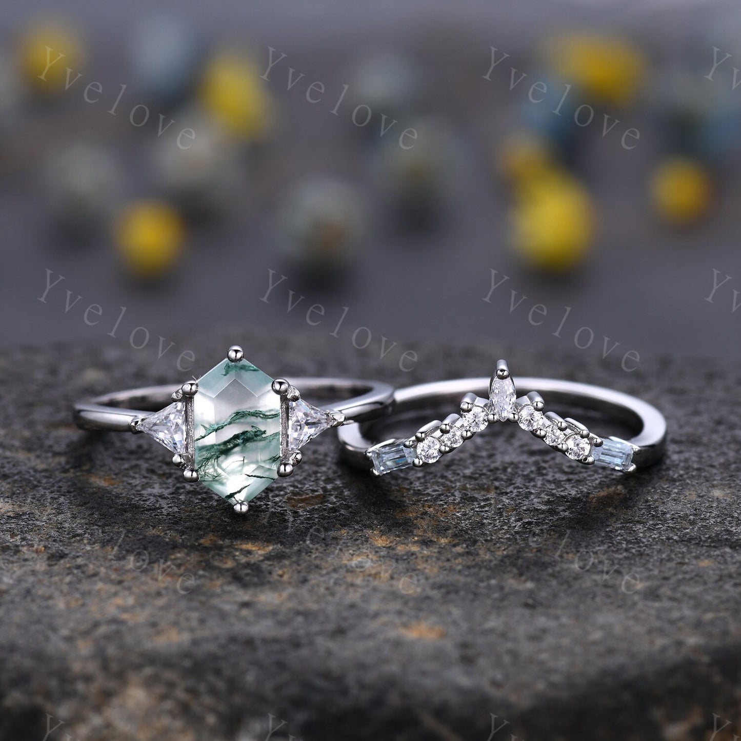 Vintage Long hexagon Cut Moss Agate Ring,Sterling Silver Ring Set,Unique Agate Aquamarine Engagement Ring,Promise Ring,Anniversary Ring Gift