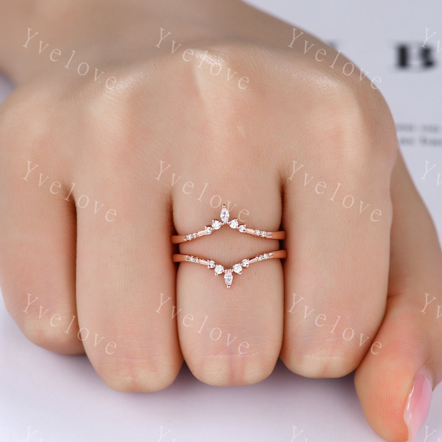 Dainty Moissanite wedding band V Curved Diamond wedding band Enhancer Band Rose gold Stacking Matching Band Bridal Promise Anniversary Gift