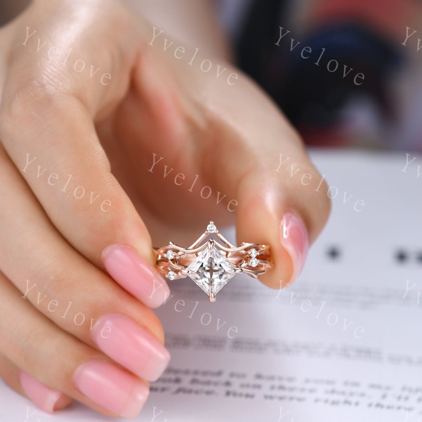 Vintage Princess Shaped Moissanite Engagement Ring,Twisted Ring,Leaf Vines Moissanite Bridal Ring,Branch Ring,Dainty Twig Diamond Ring Gift