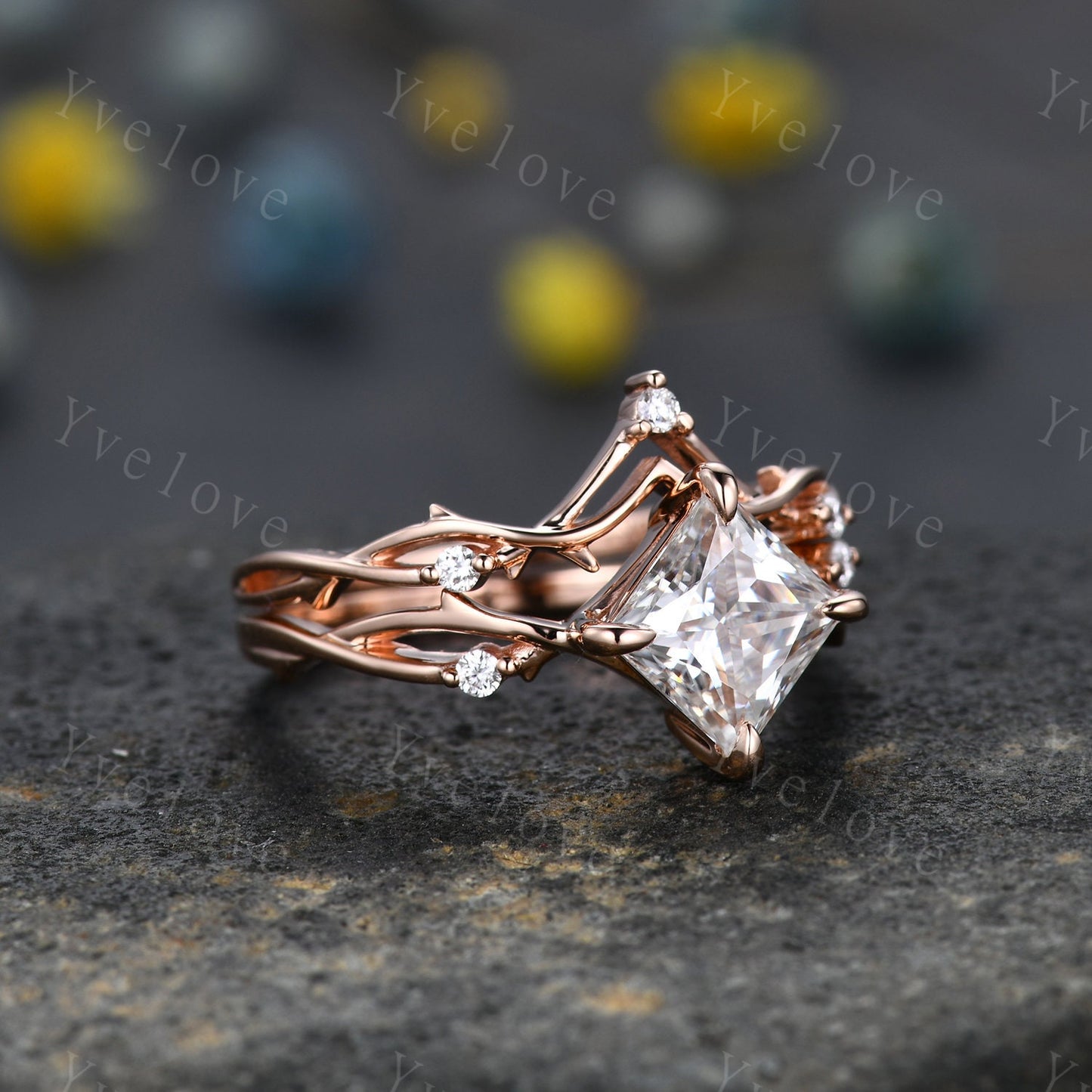 Vintage Princess Cut Moissanite Engagement Ring Set,Twisted Ring,Leaf Vines Moissanite Bridal Set,Branch Ring,Dainty Twig Diamond Ring Gift