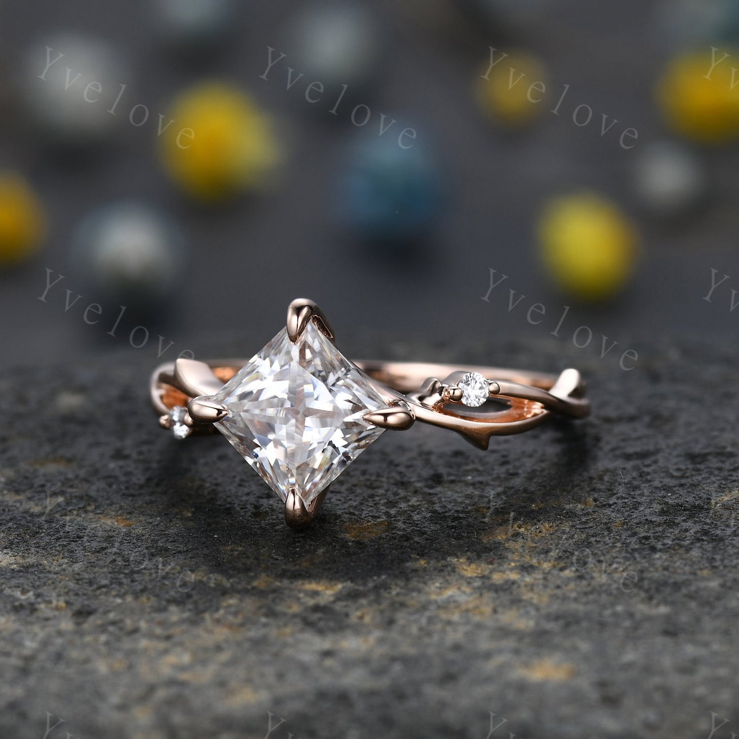 Vintage Princess Shaped Moissanite Engagement Ring,Twisted Ring,Leaf Vines Moissanite Bridal Ring,Branch Ring,Dainty Twig Diamond Ring Gift