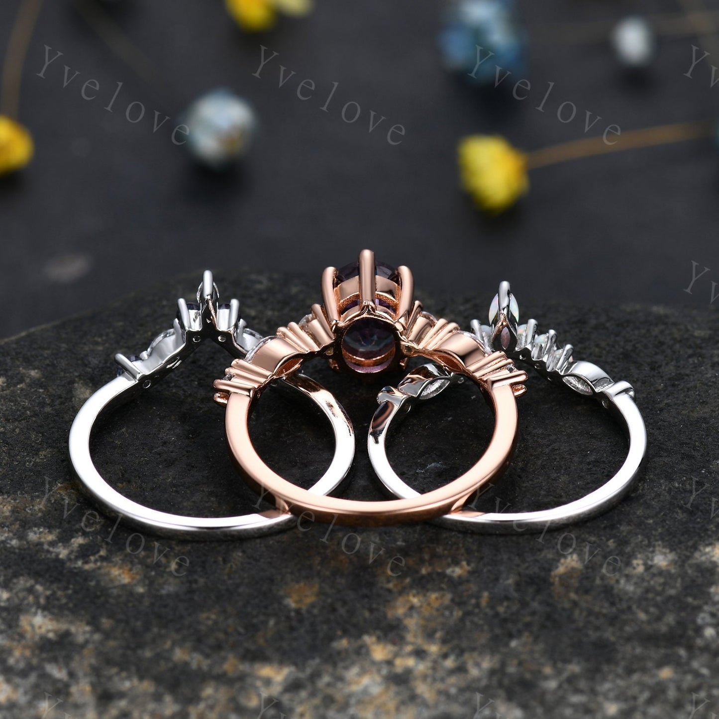 Vintage alexandrite engagement ring set,Unique gold wedding set,Art deco opal alexandrite matching stacking ring,bridal set,rings for women