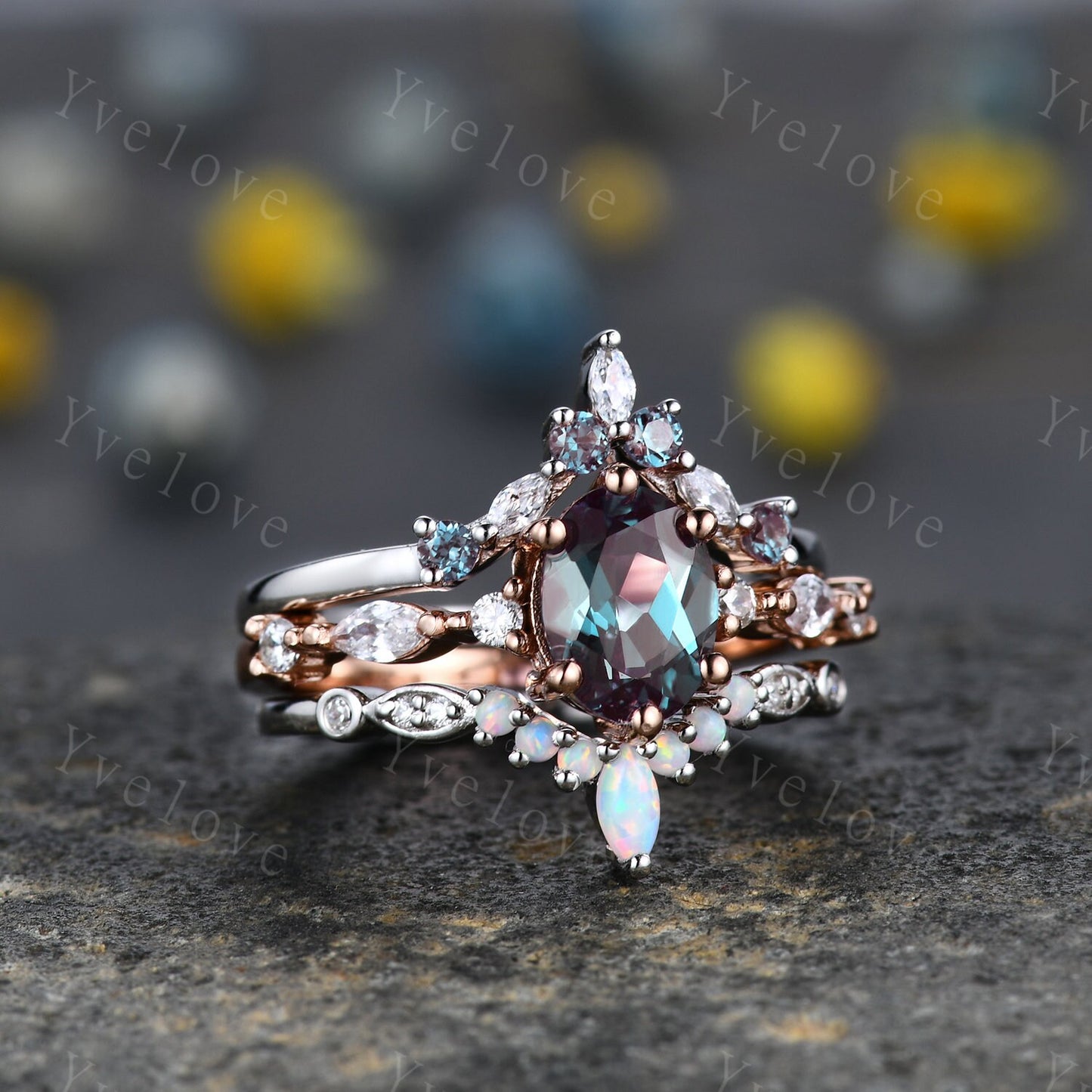 Vintage alexandrite engagement ring set,Unique gold wedding set,Art deco opal alexandrite matching stacking ring,bridal set,rings for women