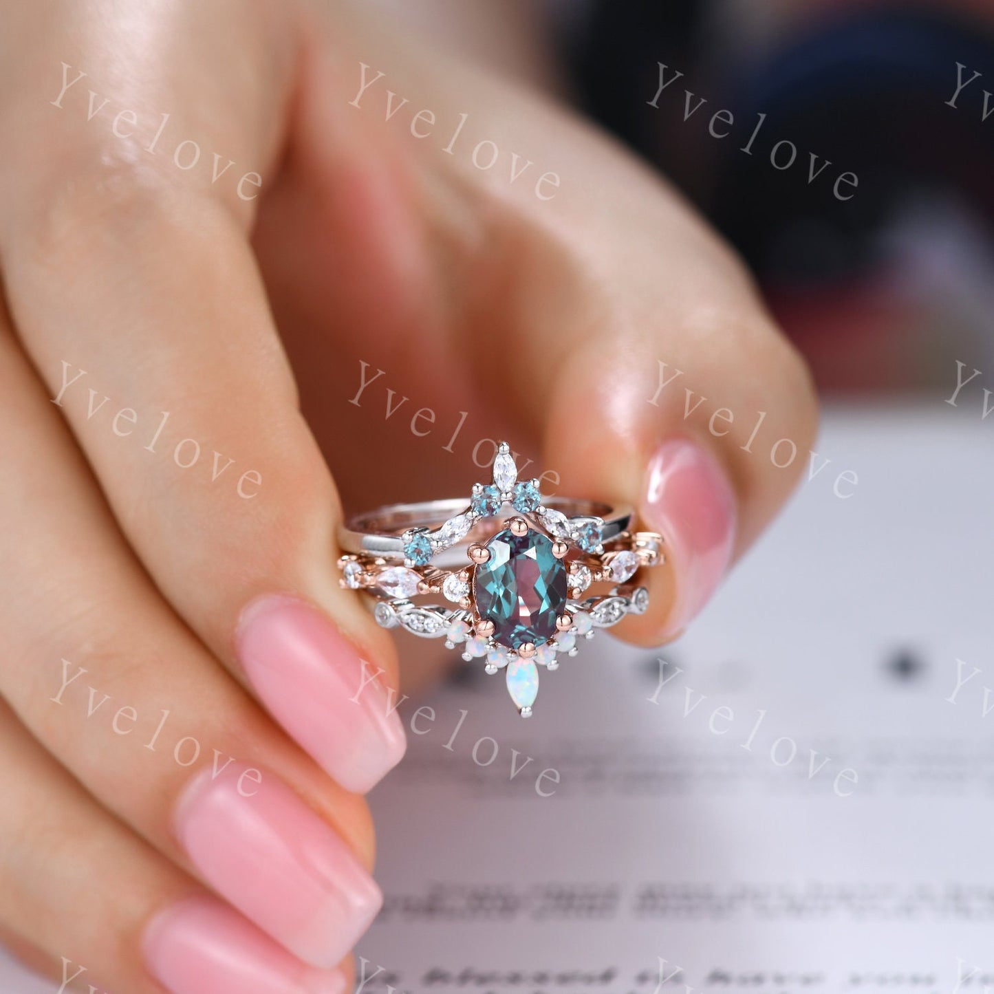 Vintage alexandrite engagement ring,Unique diamond gold wedding ring,Art deco alexandrite matching stacking ring,bridal rings for women