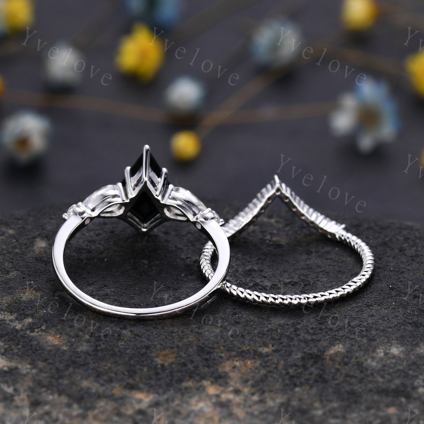 Vintage kite cut black onyx ring engagement ring set art deco moissanite wedding ring for women white gold unique bridal set custom gift