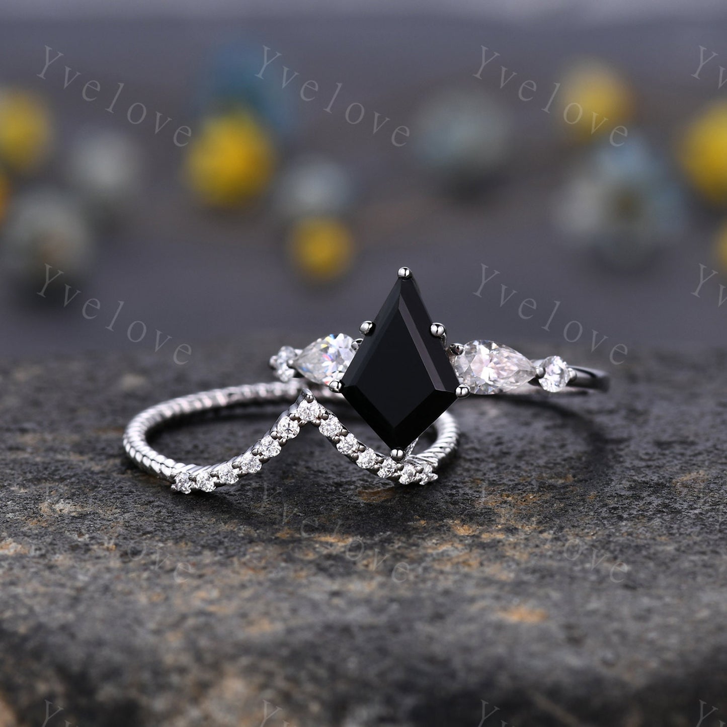 Vintage kite cut black onyx ring engagement ring set art deco moissanite wedding ring for women white gold unique bridal set custom gift