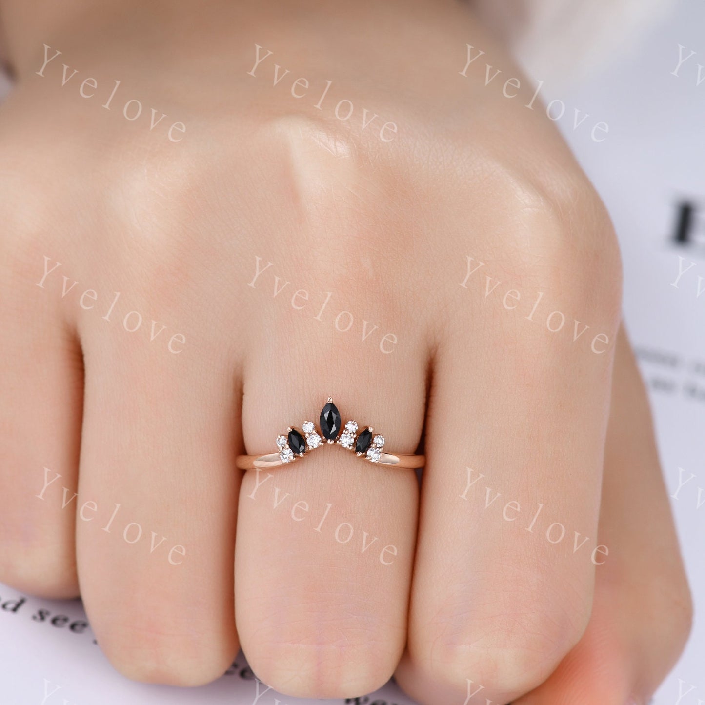 Black Spinel Wedding Band Moissanite Wedding Ring Rose Gold Engagement Ring Stacking Ring Curved Wedding Band Sterling Silver Dainty Ring