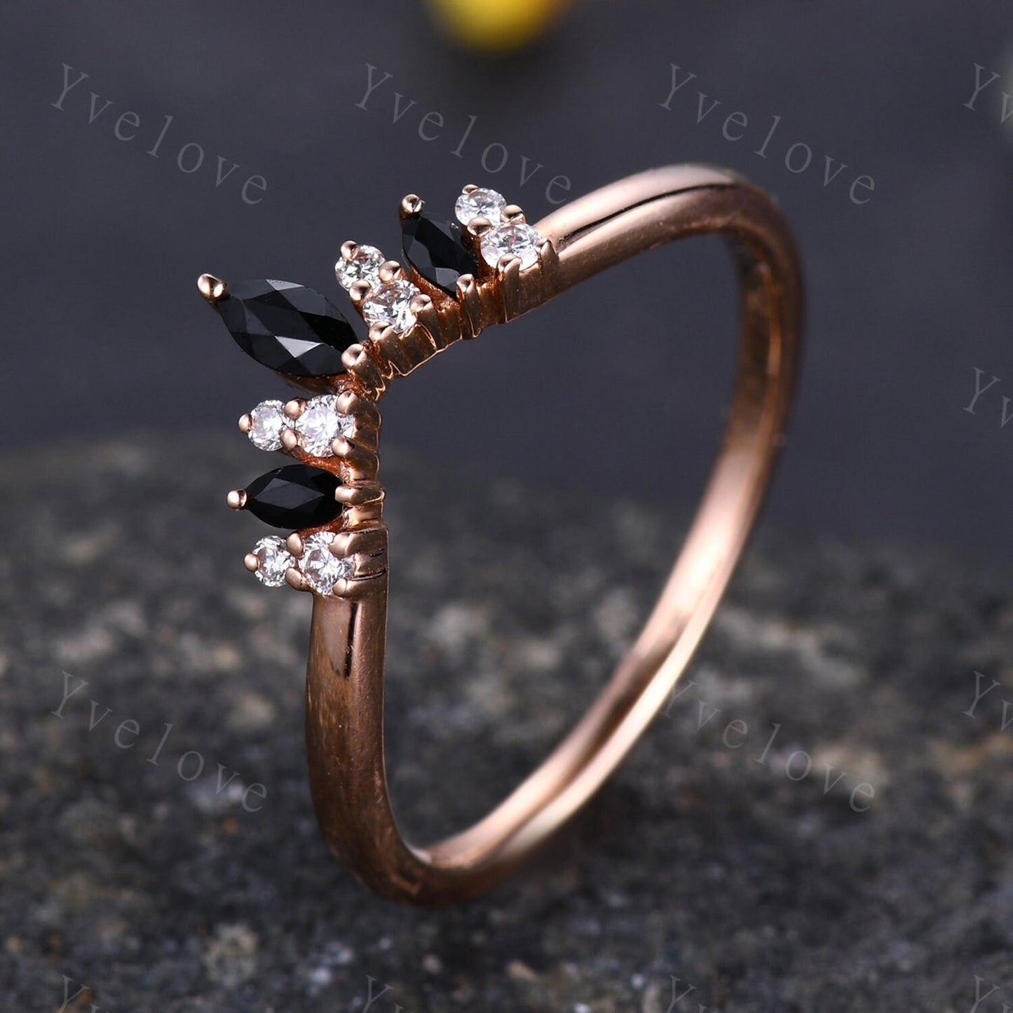 Black Spinel Wedding Band Moissanite Wedding Ring Rose Gold Engagement Ring Stacking Ring Curved Wedding Band Sterling Silver Dainty Ring