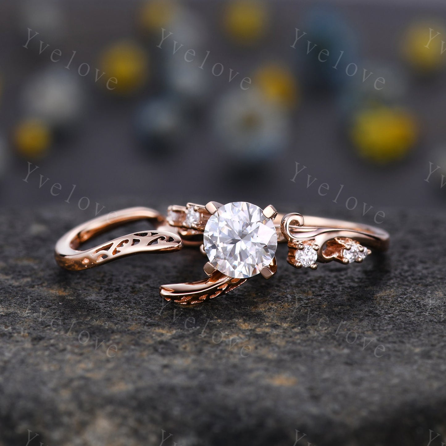 Vintage Moissanite Engagement Ring,Rose Gold Moissanite Wedding Set,Art Deco Unique Diamond Wedding Ring,Antique Bridal Set Curve Open Band