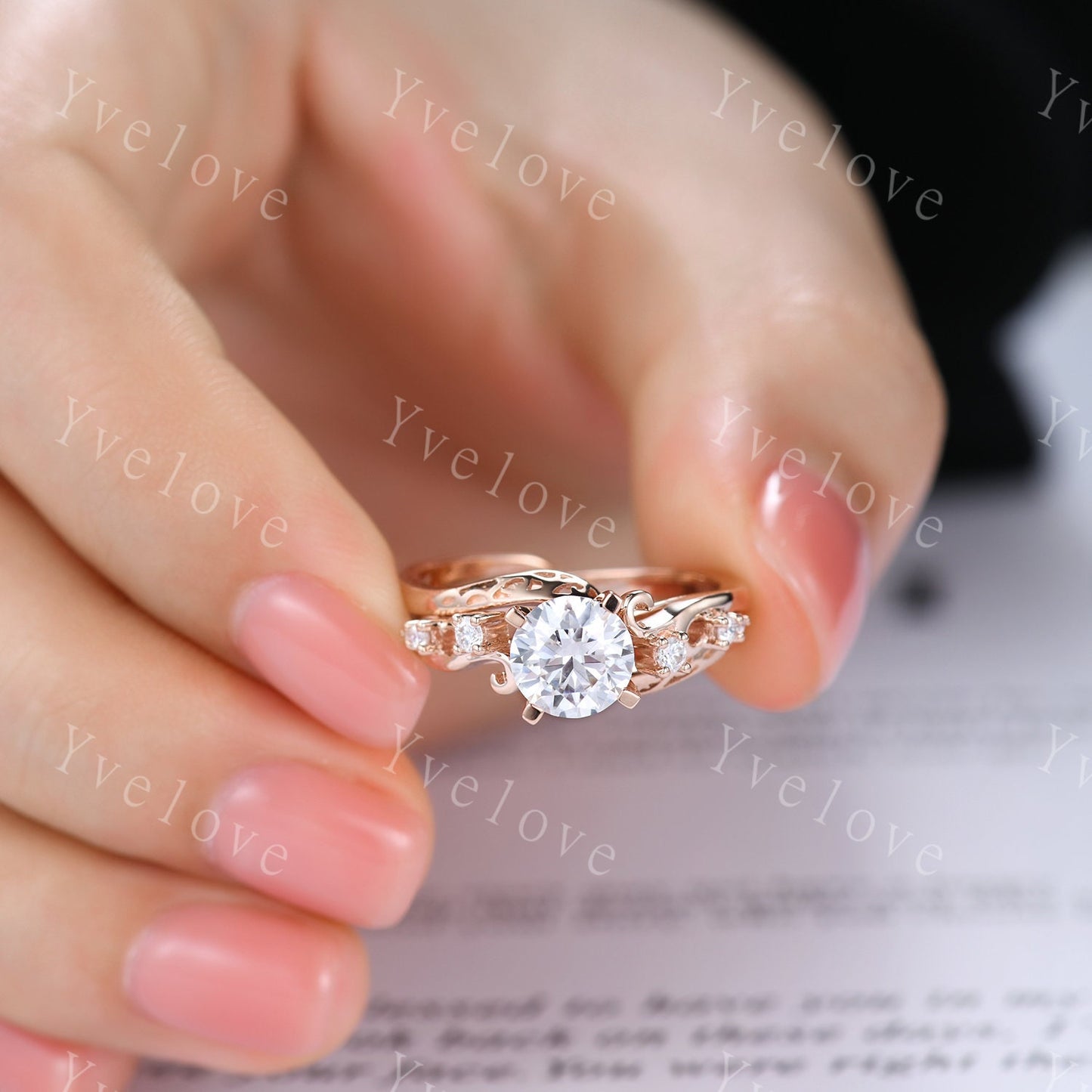 Vintage Moissanite Engagement Ring,Rose Gold Moissanite Wedding Set,Art Deco Unique Diamond Wedding Ring,Antique Bridal Set Curve Open Band