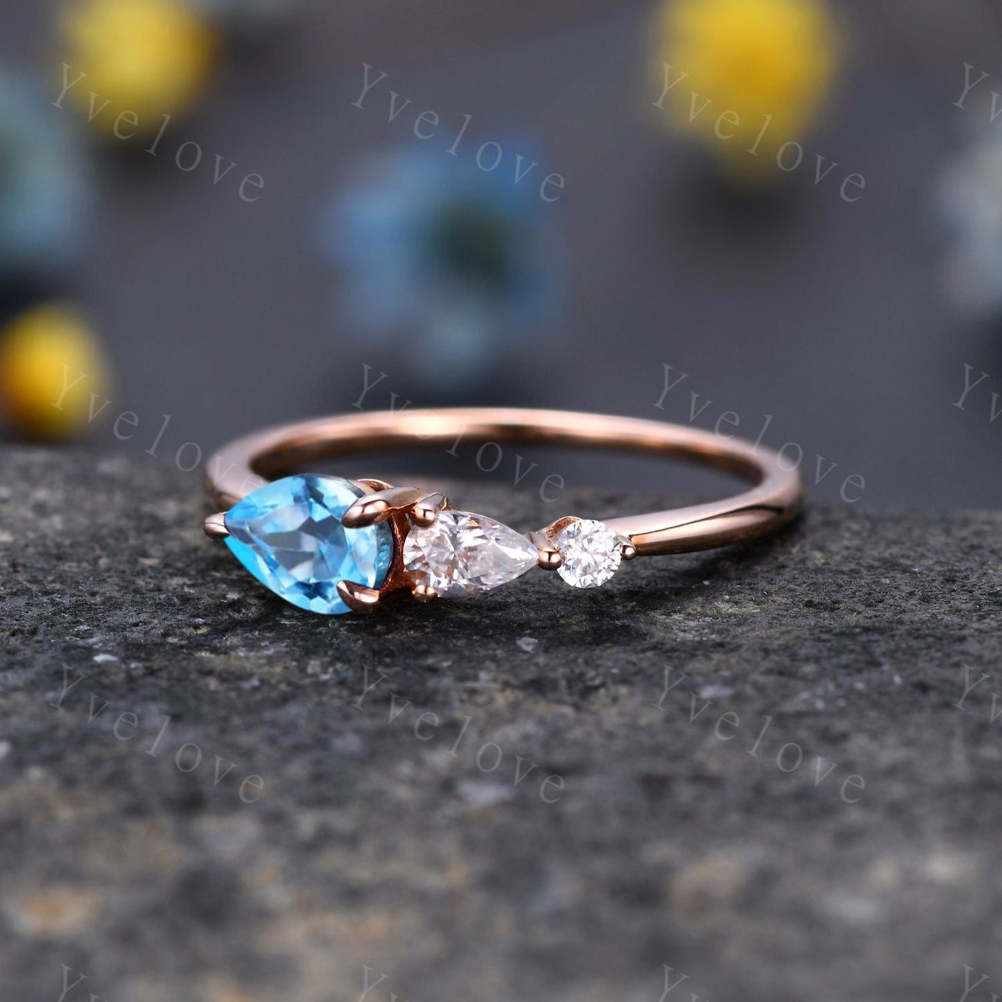 Vintage Swiss Blue Topaz Engagement Ring,Pear Cut Gems,Art Deco Moissanite Wedding Band,3 Stone Unique Women Bridal Promise Ring,Platinum